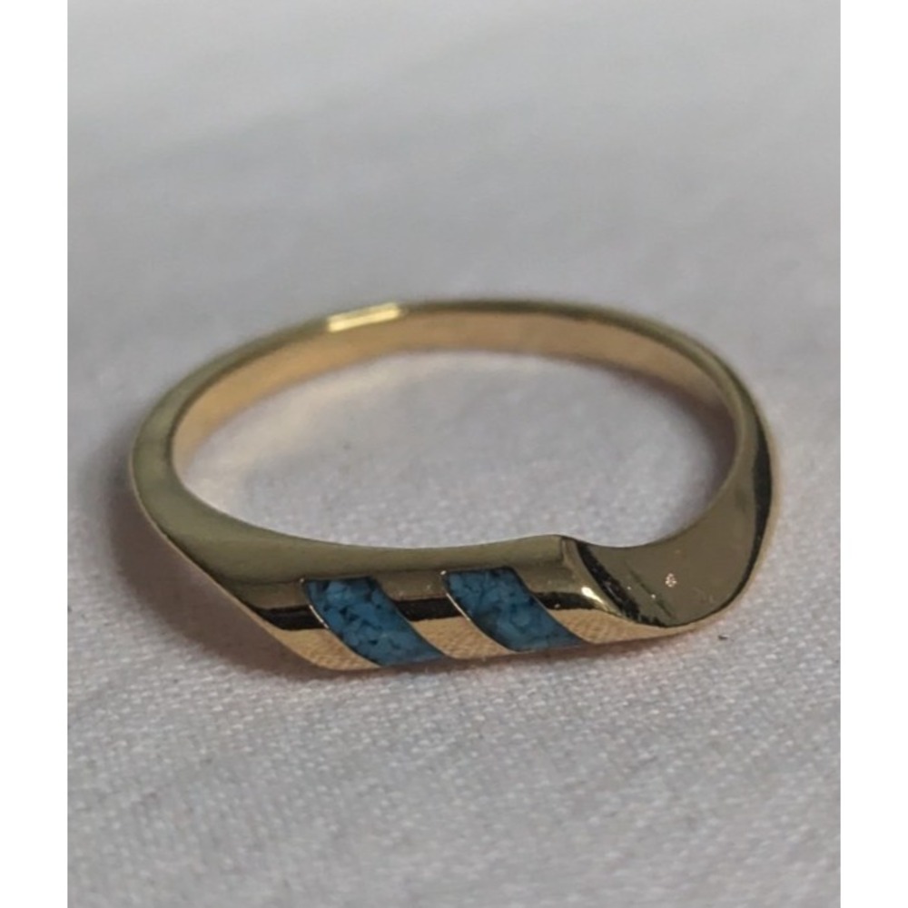 double turquoise inlay band Womens gold ring size 6 unisex mens